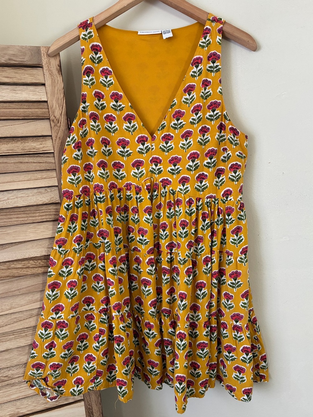 Sincerely Jules Fall Boho Mustard Babydoll Yellow Floral Tiered  Mini Dress L